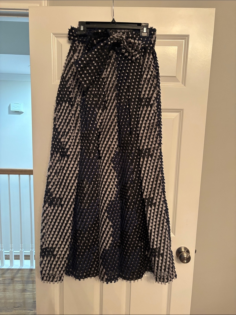Alberto Makali Navy and Cream Textured A-Line Tie-Waist Midi Skirt